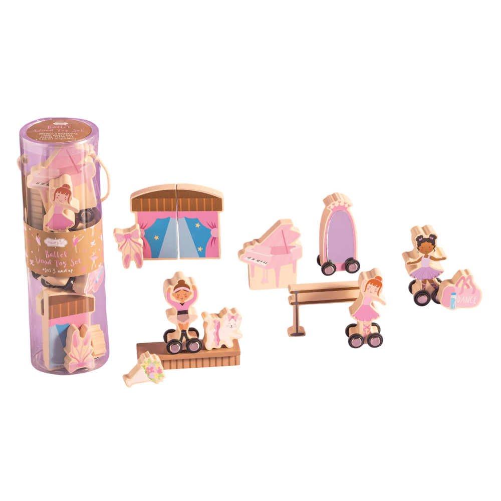 Wooden ballet toy set with pink ballerinas on wheels, piano, stage, and mirror for kids' imaginative dance play.