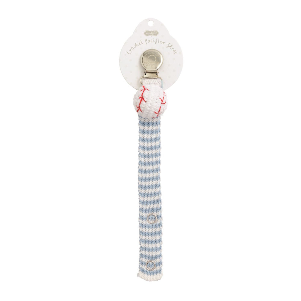 Crochet baseball pacifier strap with blue and white stripes, a metal clip, and a small stuffed baseball.