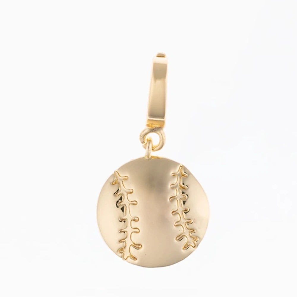Gold baseball charm with detailed stitching details on a plain white background.
