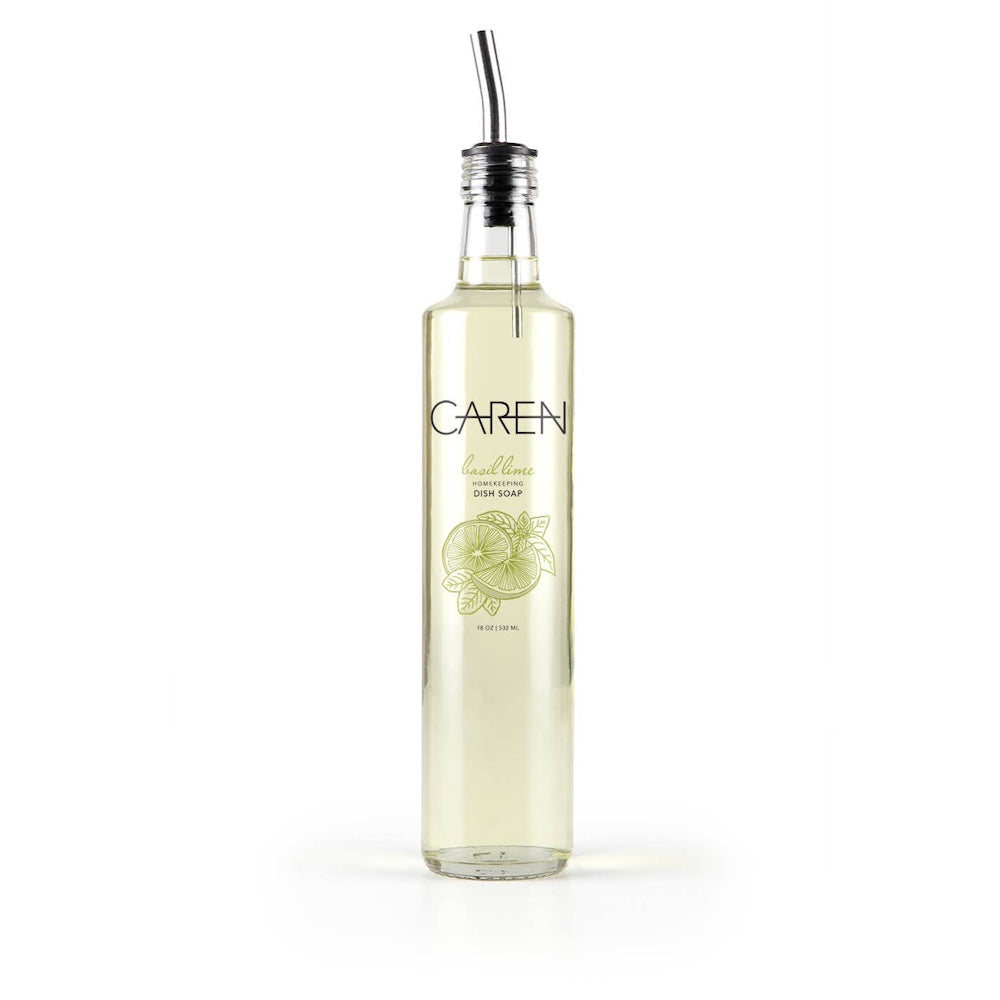 A 532 ml bottle of Caren Basil Lime dish soap featuring a tall glass design with a metal pouring spout.