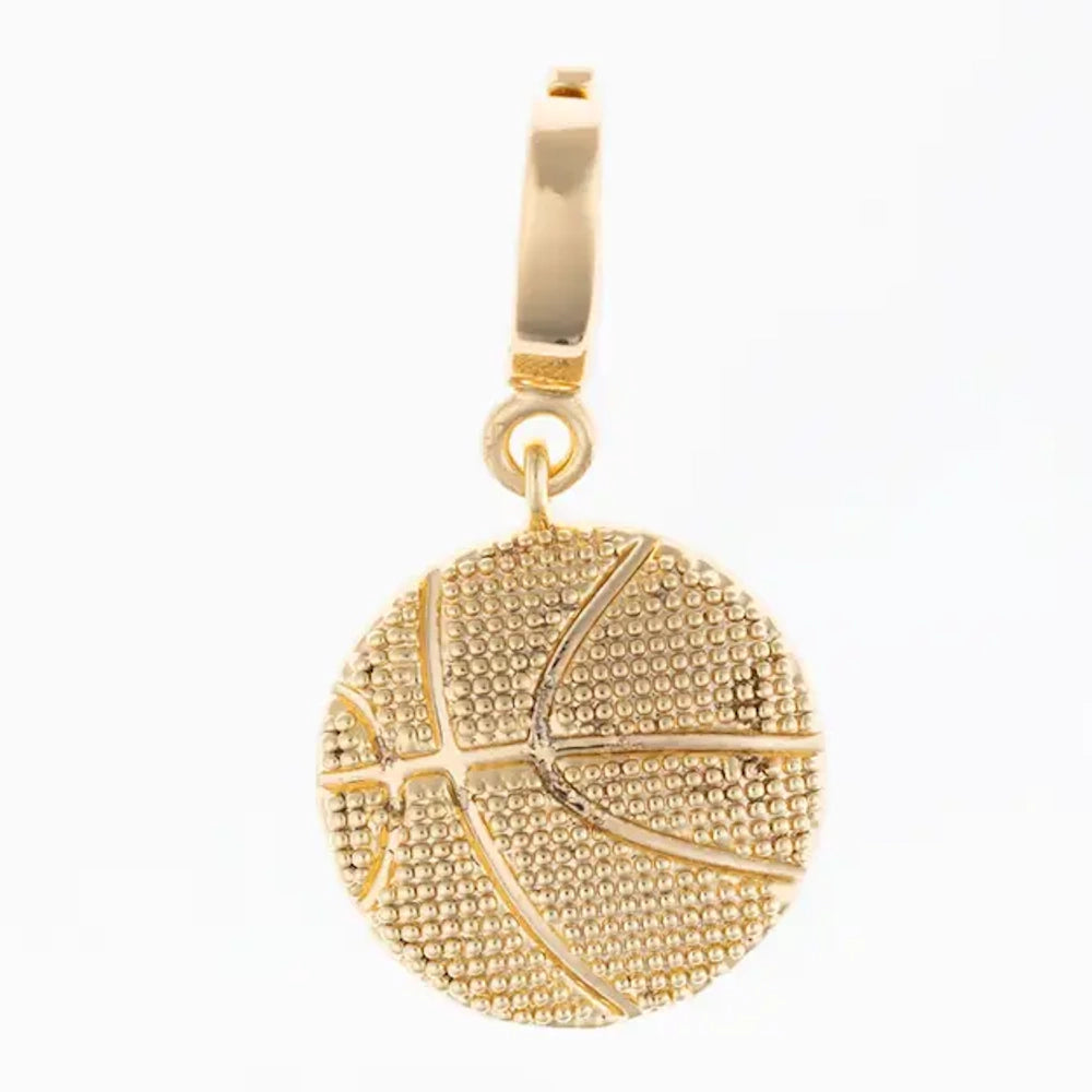 Gold basketball pendant charm with textured dimples and seam details on a white background.