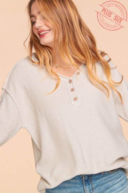 v neck button down oversized long sleeve oatmeal — alternate view 4