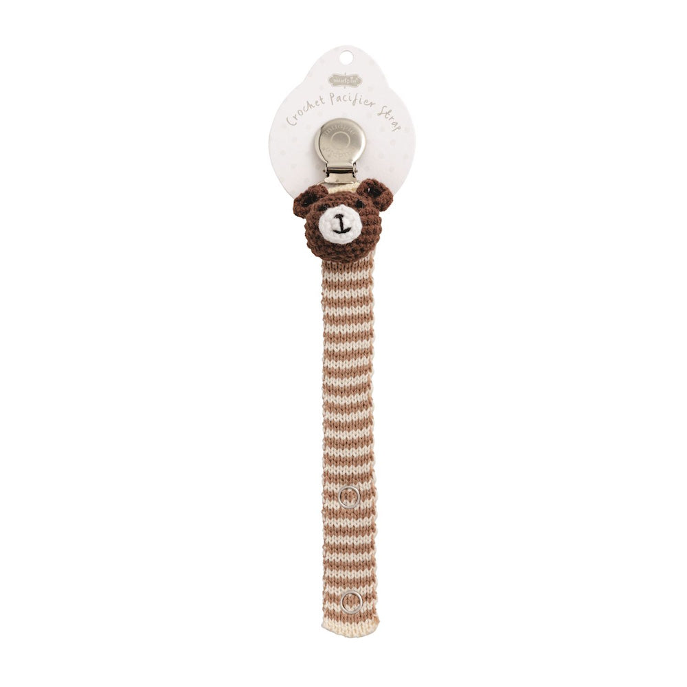 Brown crochet bear pacifier clip with tan and white striped strap on a Mud Pie display card.
