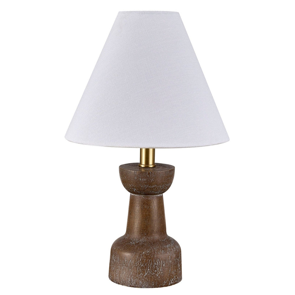 Modern wood table lamp with white tapered fabric shade and gold accent on a white background.