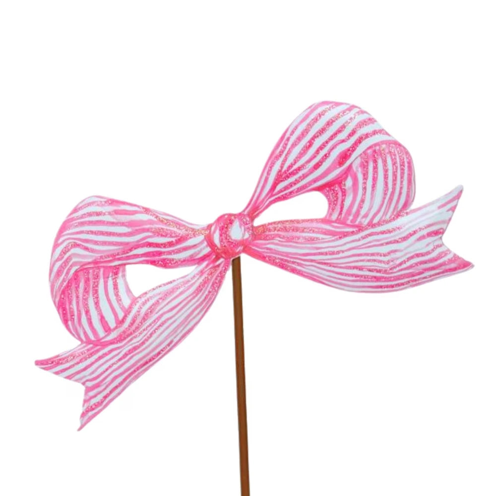 Pink and white striped glitter bow on a stick pick for festive wreaths and holiday floral decorations.