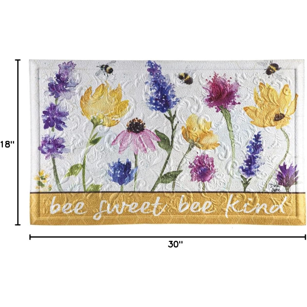 An embossed floral floor mat reading "bee sweet bee kind" with indicators showing 18" by 30" dimensions.