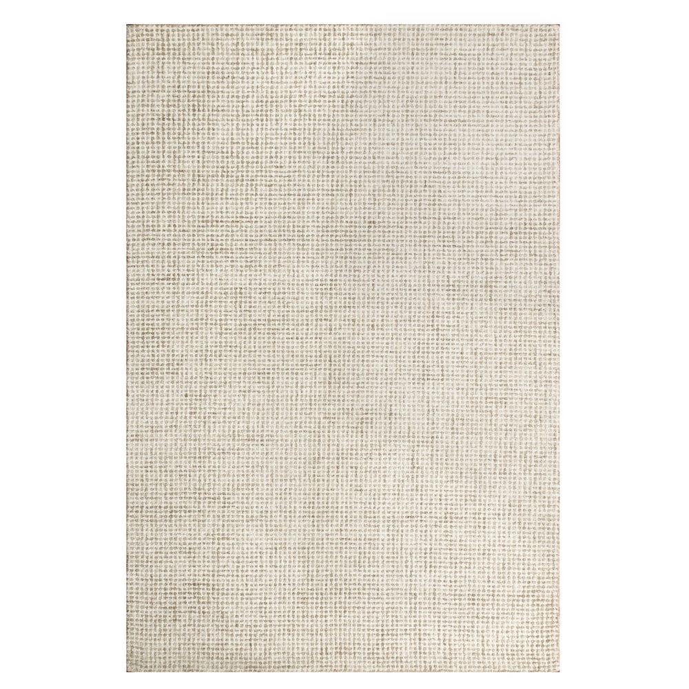 Modern beige textured area rug with a neutral grid pattern for living room or bedroom decor.