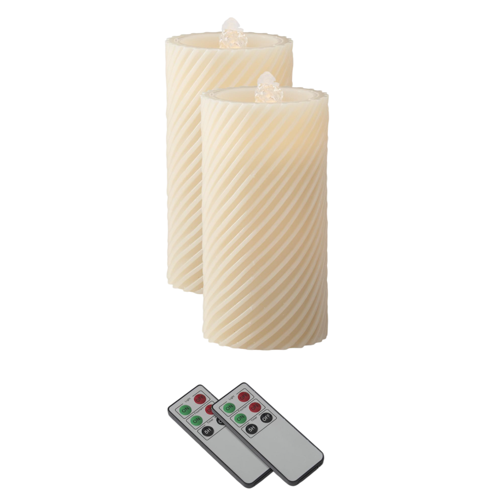 Two beige spiral LED wax pillar water fountain candles with remotes against a white background.