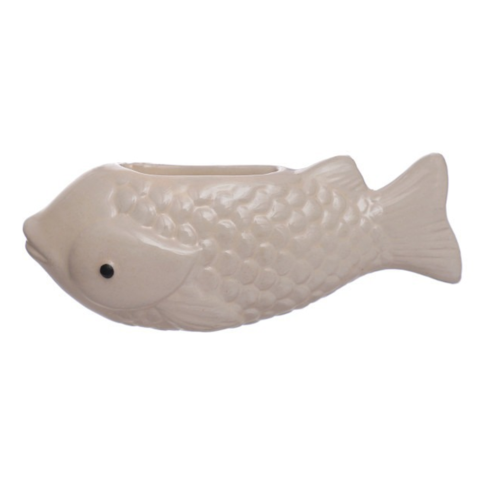 Beige stoneware fish mini vase with magnet and textured scales.