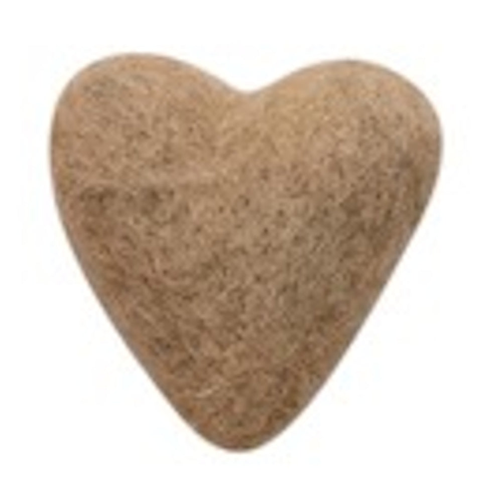 A small, beige, needle-felted wool heart with a fuzzy texture on a white background.