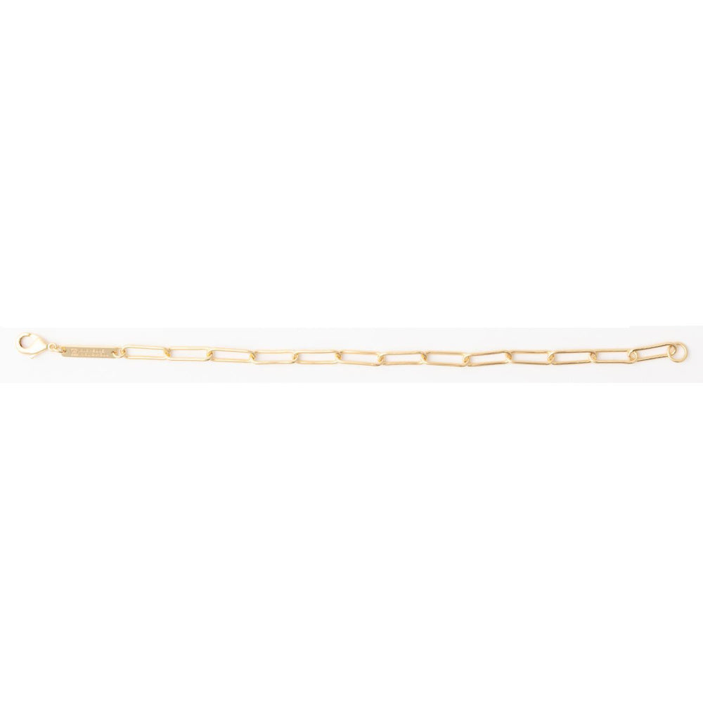 Gold paperclip link chain bracelet with a lobster clasp closure on a solid white background.