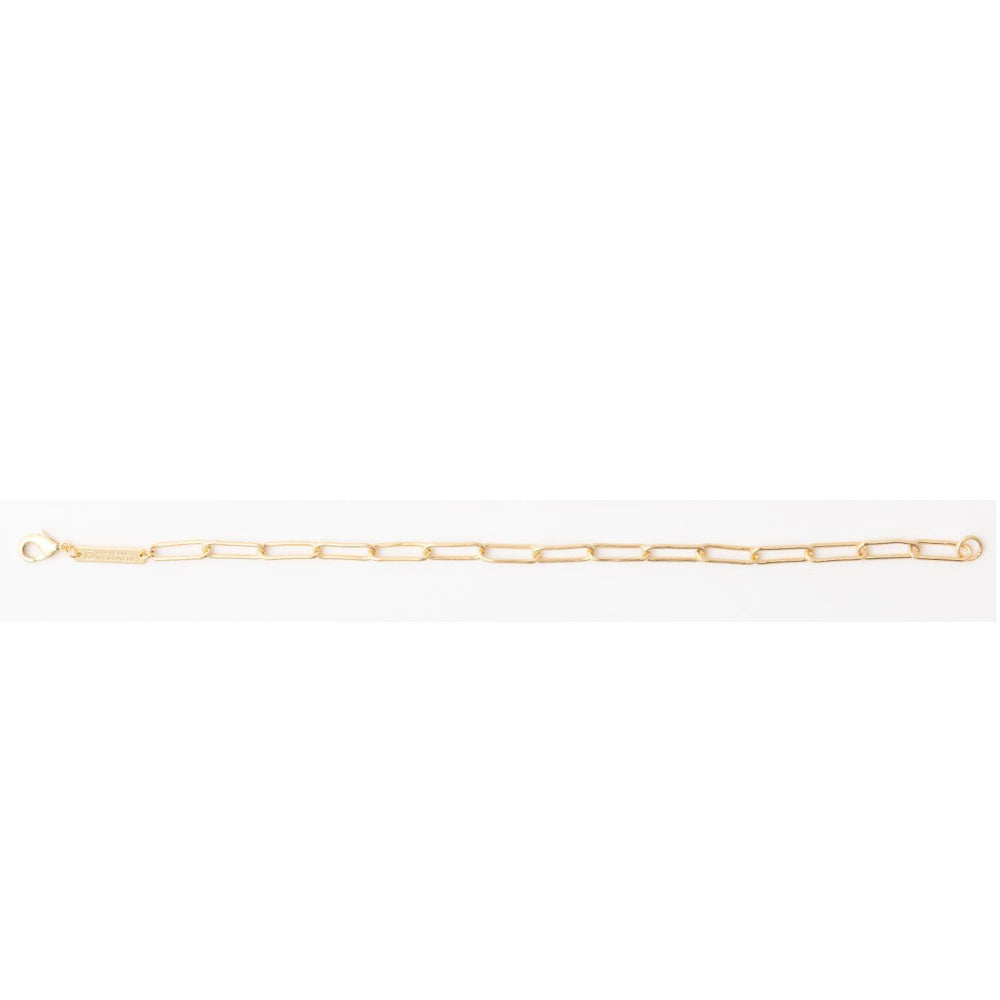 Minimalist gold paperclip chain link bracelet with a lobster clasp on a clean white background.