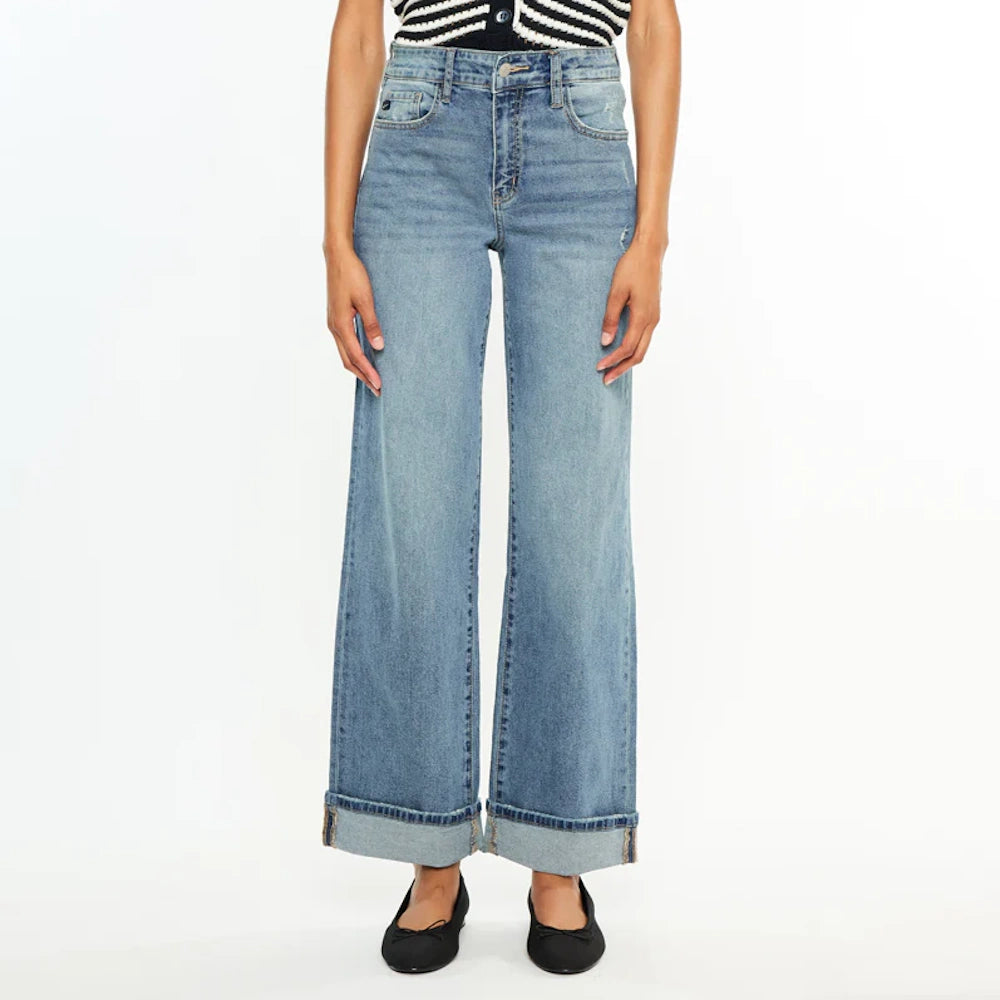 Front view of women's high-rise wide-leg jeans in light wash denim with cuffed hems and traditional five-pocket styling.