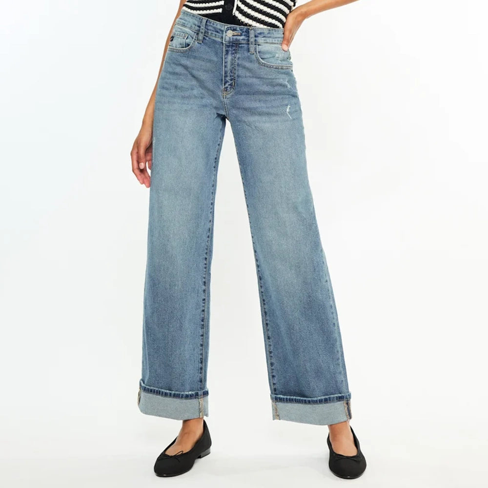 Bellen Essentials high-rise wide-leg jeans in light wash denim with cuffed hems and a relaxed fit.