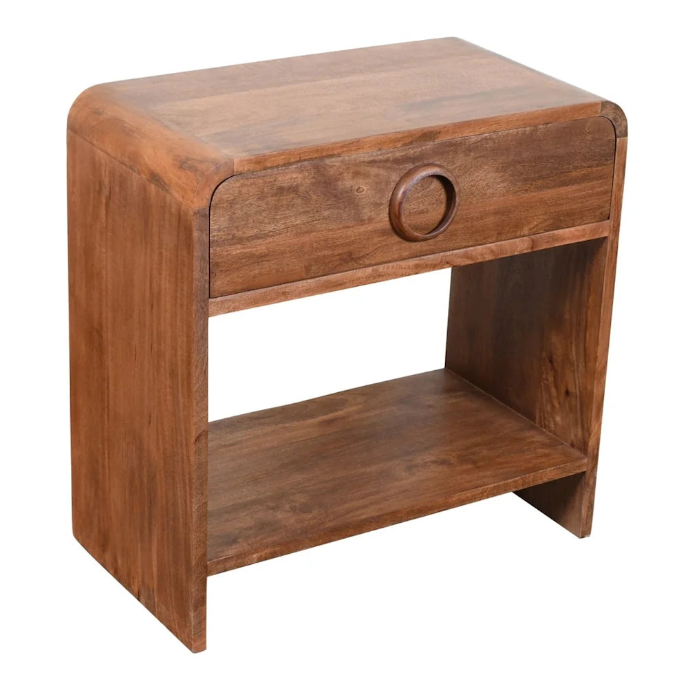Natural wood accent table with rounded edges, ring pull drawer and open lower shelf.
