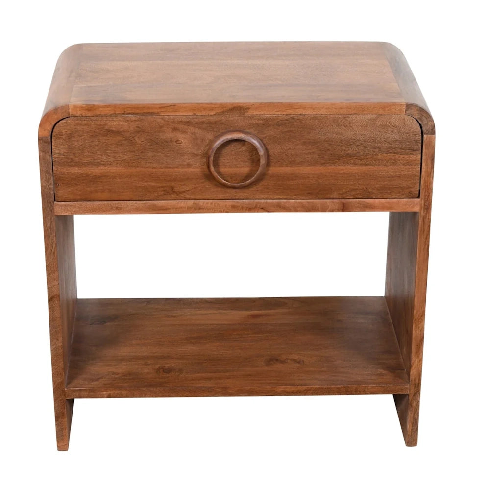 Natural wood accent table with rounded corners, ring pull drawer and open lower shelf for storage.