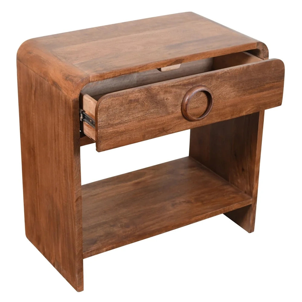 Natural wood accent table with rounded edges, open drawer, ring pull and lower shelf.