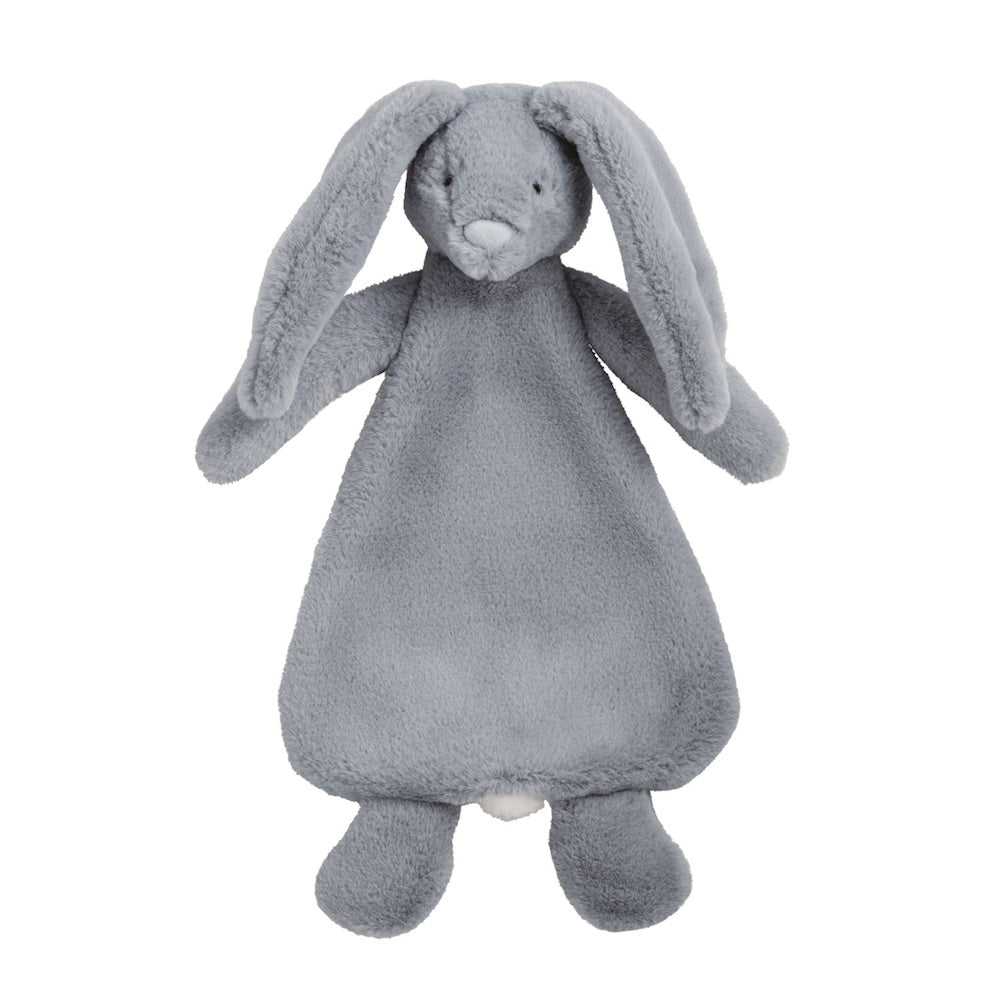 Soft blue plush bunny lovey security blanket for infants, featuring long floppy ears and a fuzzy white tail on white background.