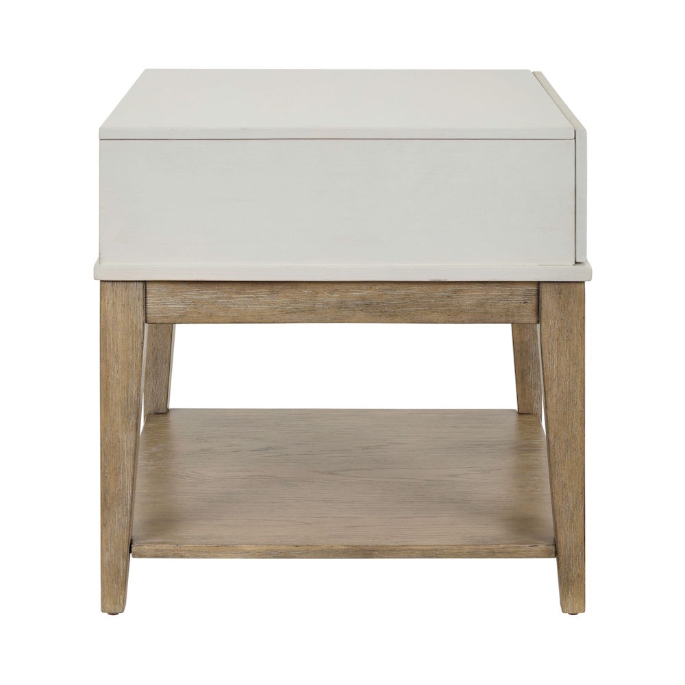 Back view of two-tone square end table with lower wood shelf and tapered legs.
