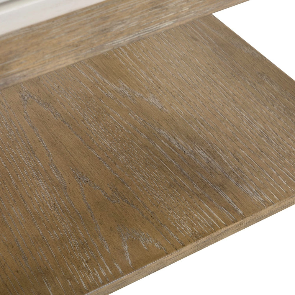 Close-up of wood lower shelf with natural grain detail on square end table.