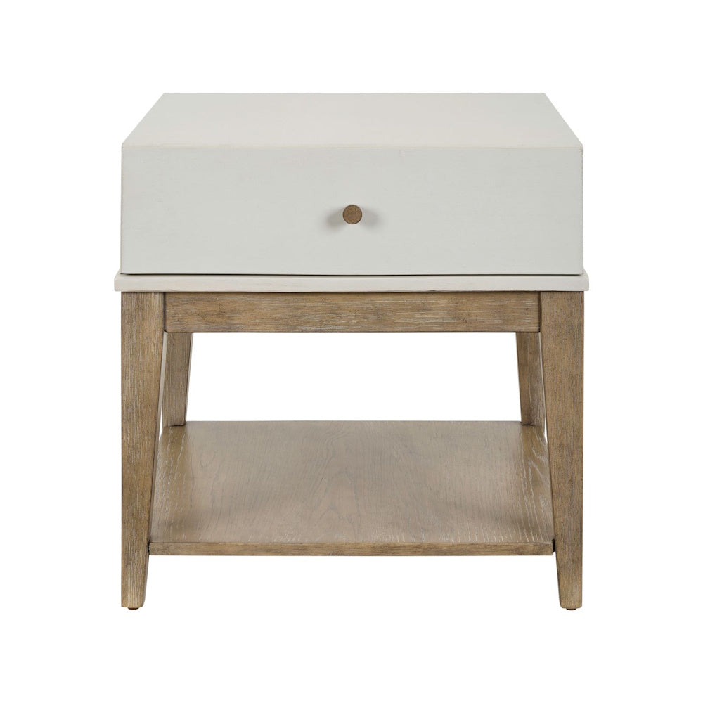 Front view of two-tone square end table with drawer and lower wood shelf.