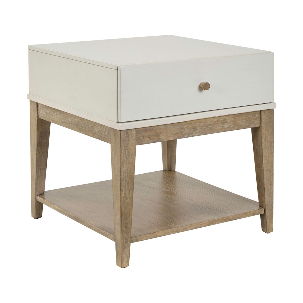 Two-tone square end table with one drawer and lower wood shelf.