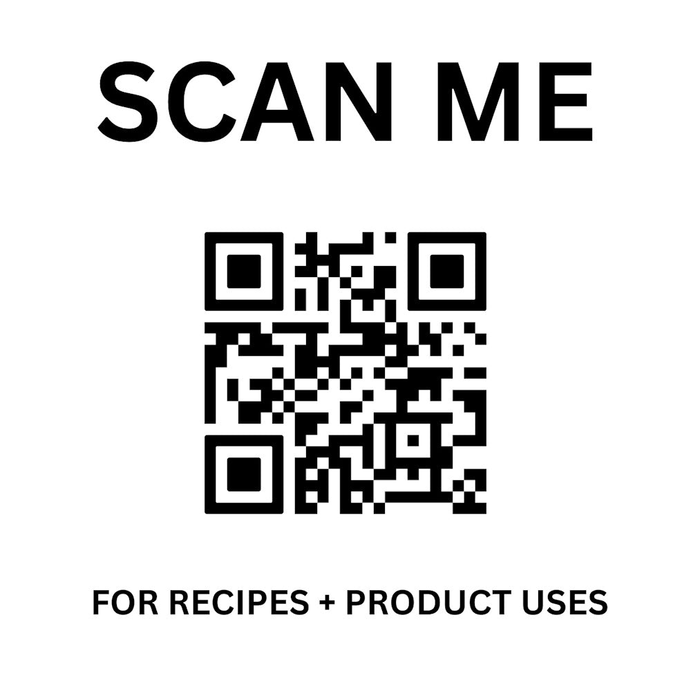 A QR code labeled "SCAN ME" on top and "FOR RECIPES + PRODUCT USES" below on a solid white background.