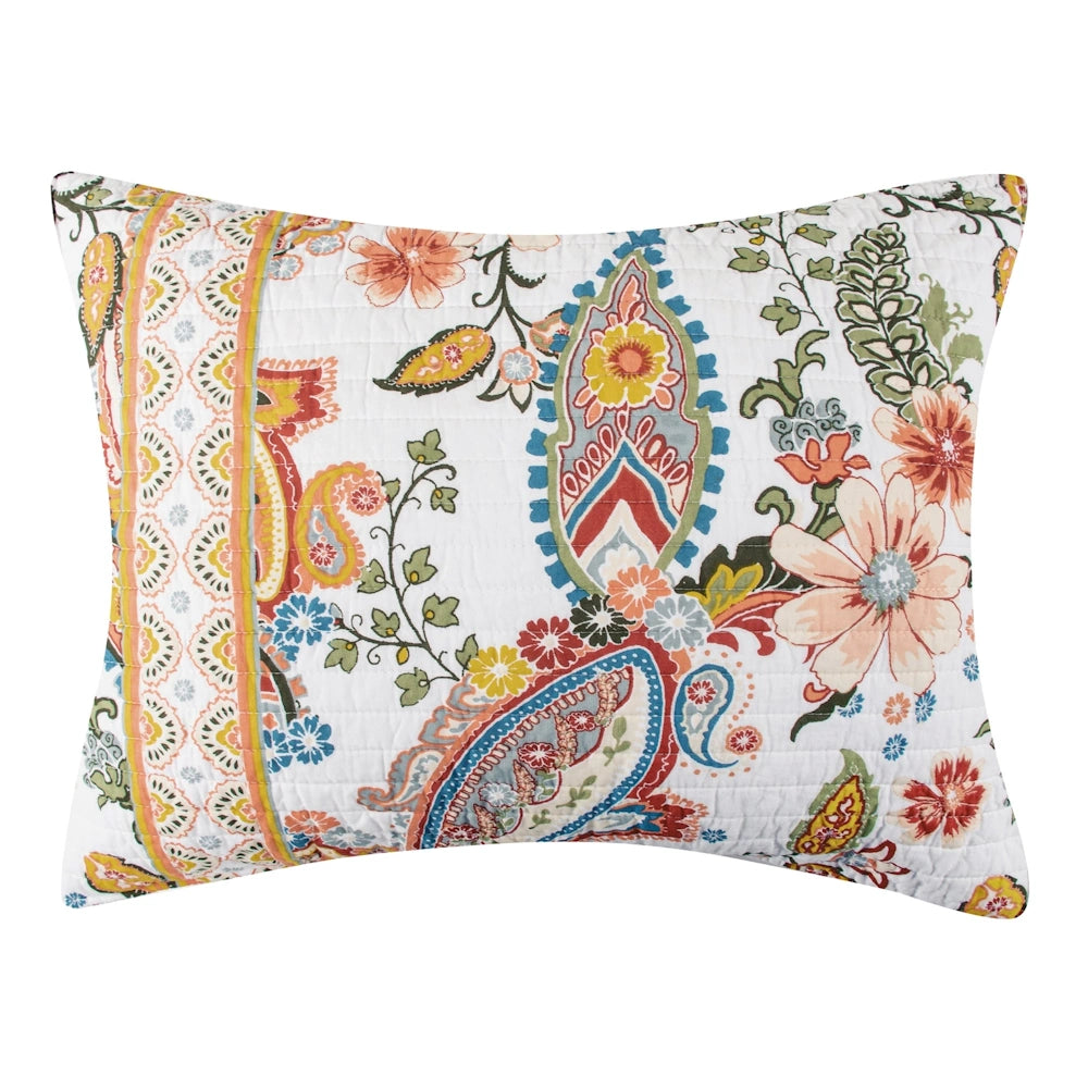 Rectangular pillow sham with colorful paisley and floral patterns on a white background.