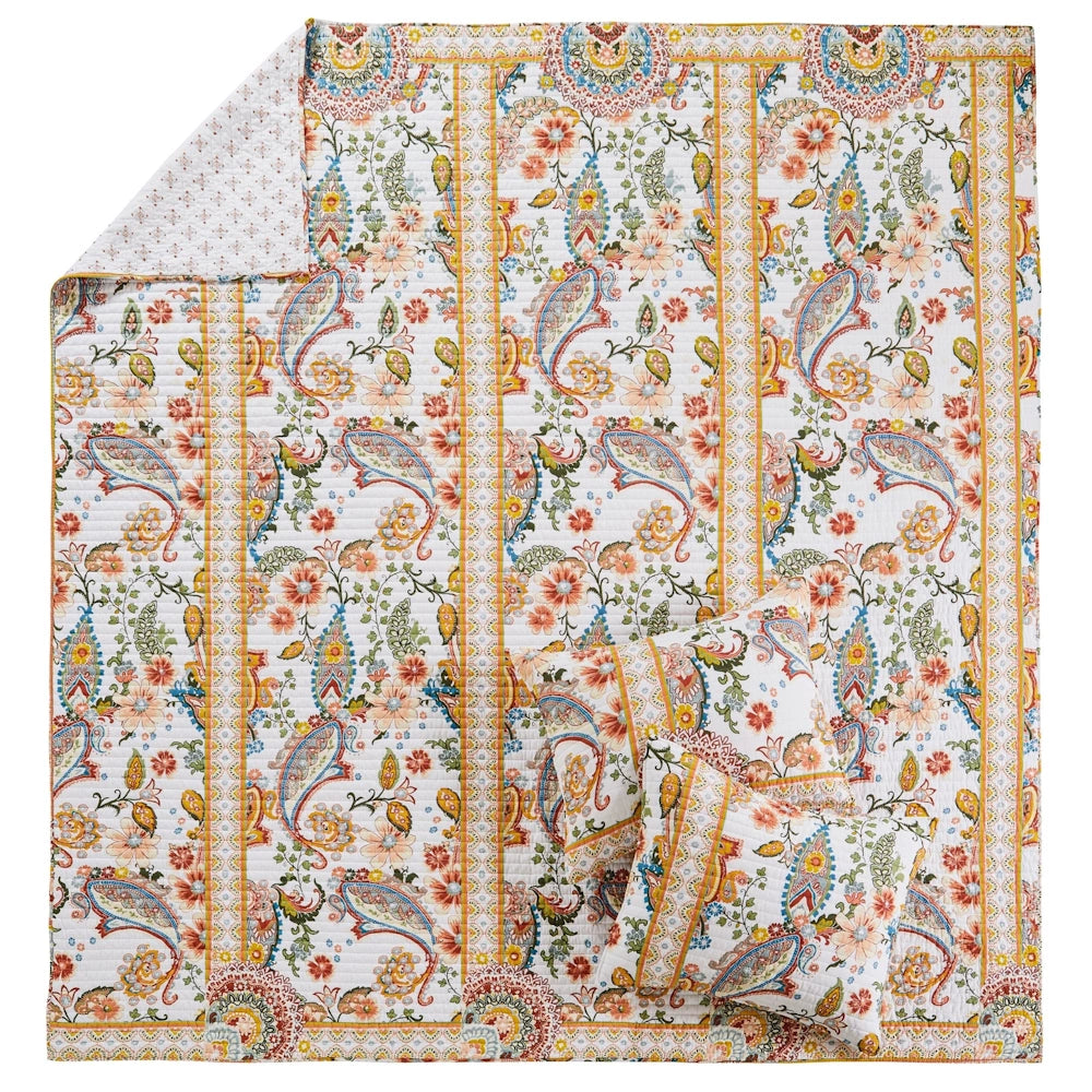 Off-white quilt set featuring colorful paisley and floral patterns with two matching pillow shams.