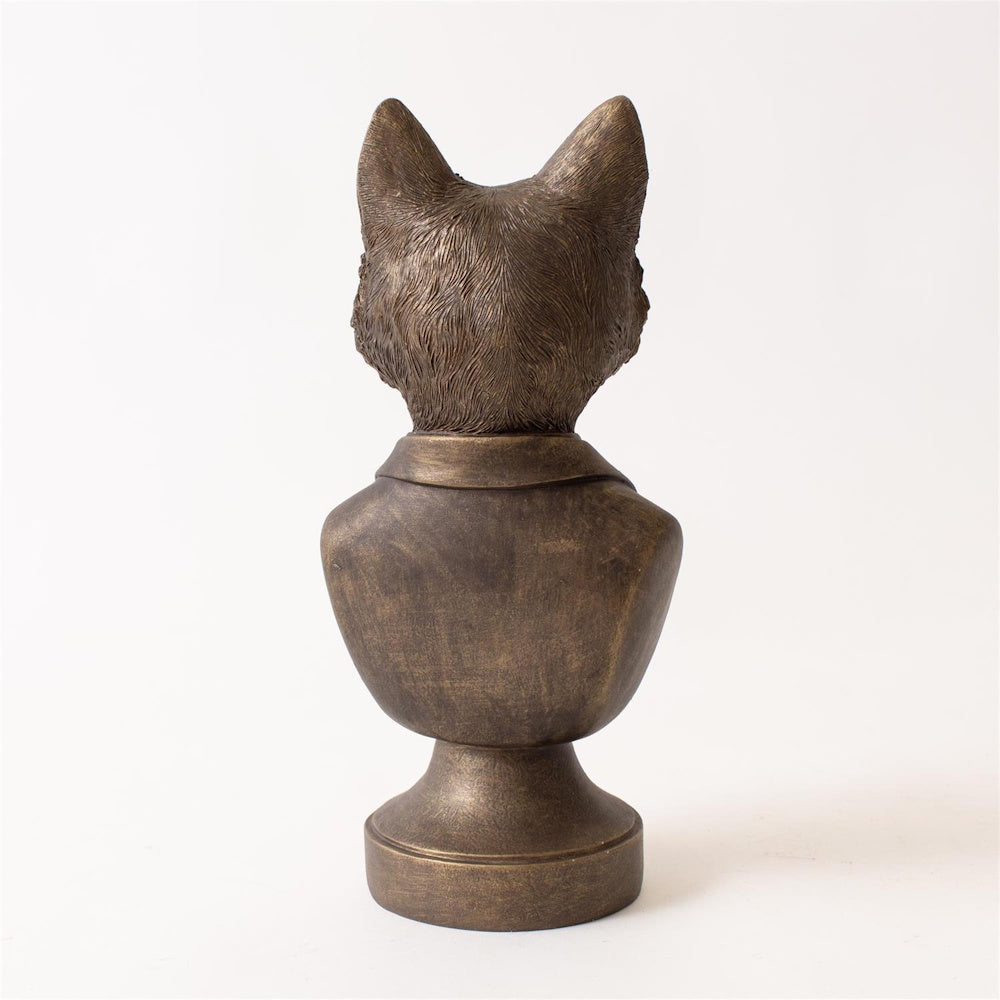 Back view of a bronze-toned animal bust figurine wearing a jacket on a circular pedestal base.