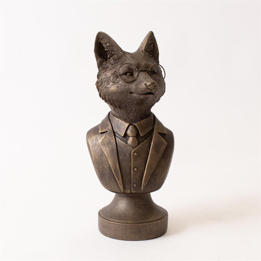 Bronze bust figurine of a fox in a suit and round wire-rimmed glasses against a white background.