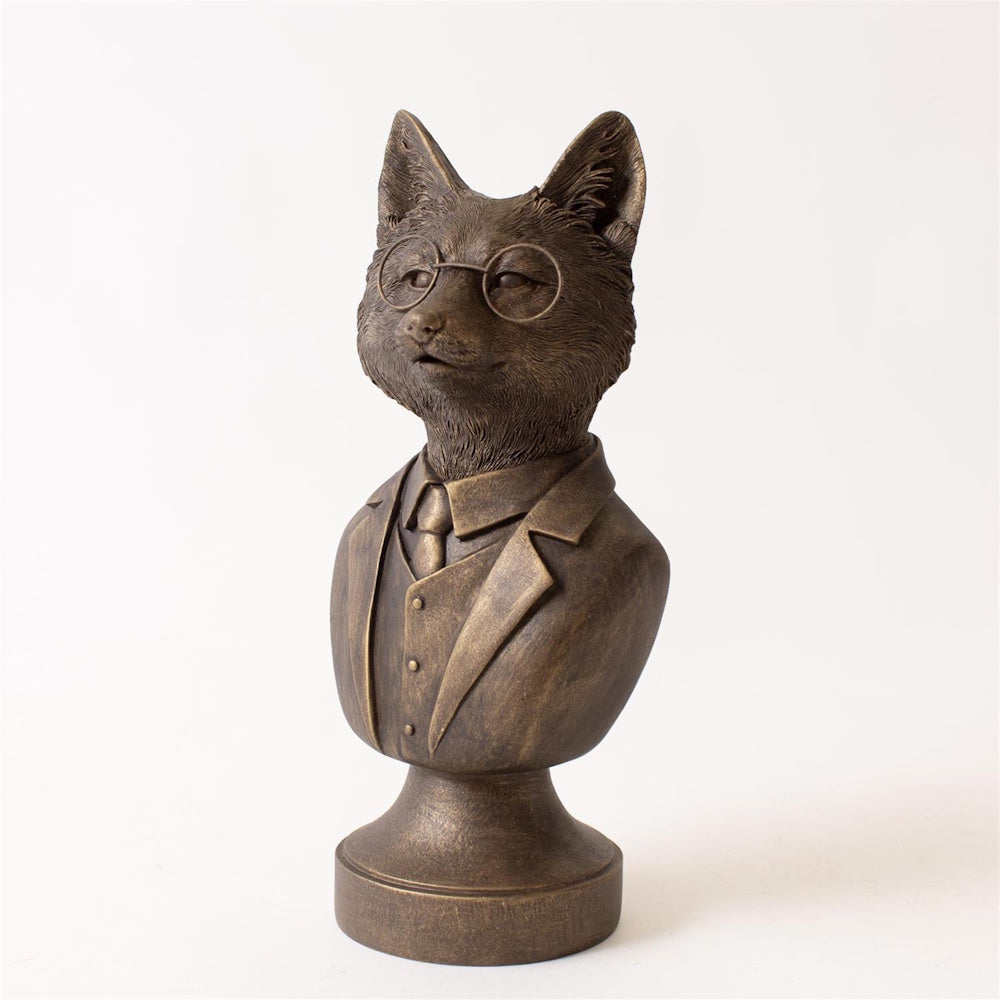 Bronze bust figurine of a fox wearing wire-rimmed glasses, a suit coat, vest, and tie.