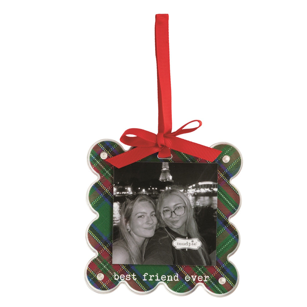 Best friend tartan photo ornament with a red ribbon and "best friend ever" text.