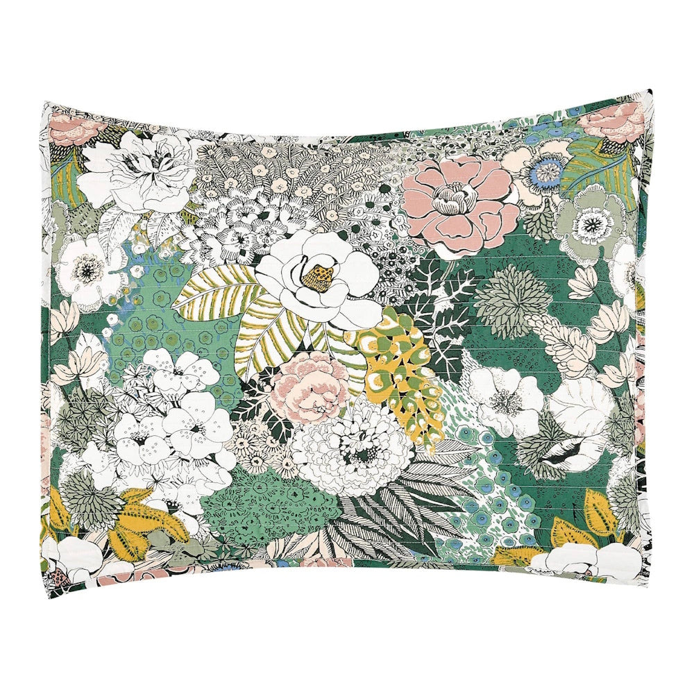 Bettina floral pillow sham with a green, pink, and white botanical pattern and quilted texture.