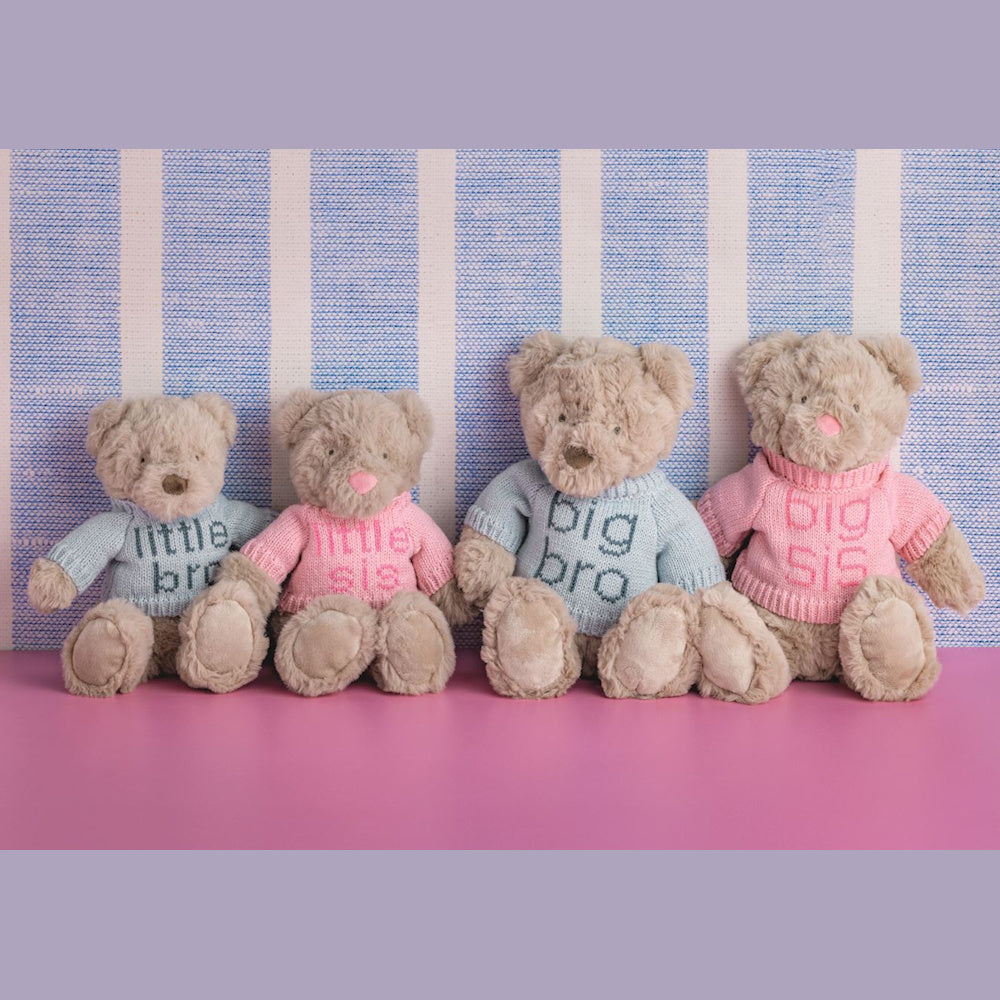 Four plush teddy bears in "little bro," "little sis," "big bro," and "big sis" sweaters against a striped background.