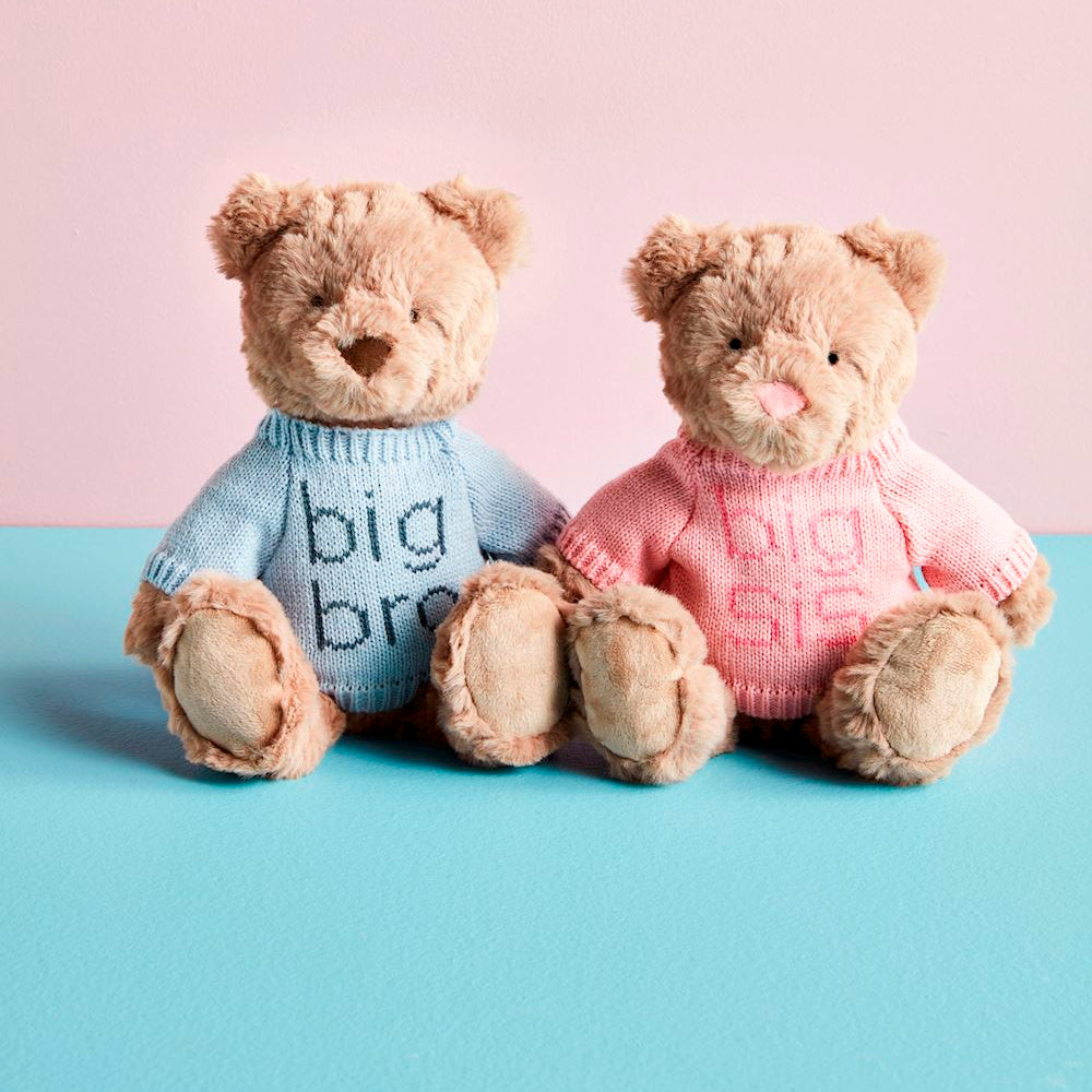 Two plush teddy bears sitting together wearing sweaters that say "big bro" in blue and "big sis" in pink.