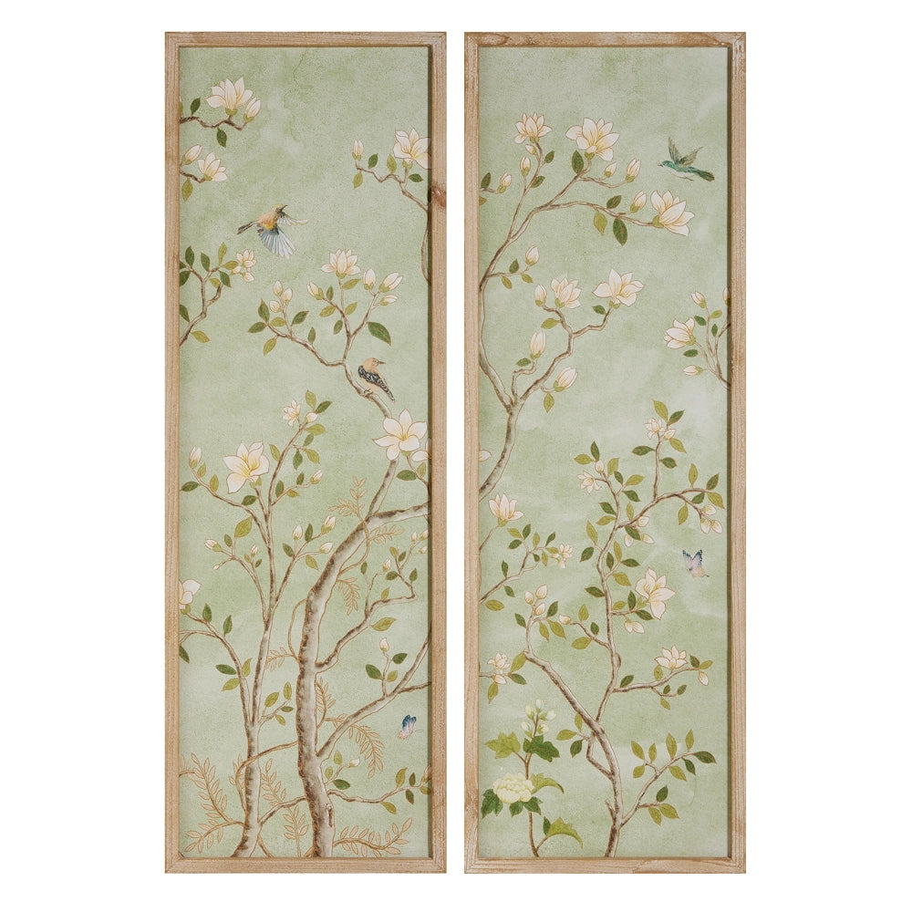 Two vertical framed panels featuring a sage green botanical design with birds and white flowers on tree branches.