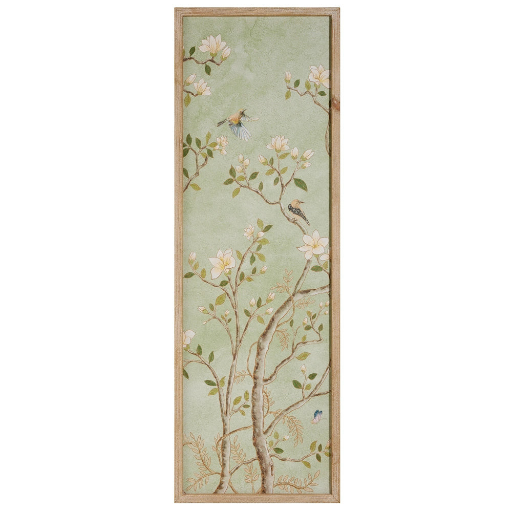 A vertical framed wall panel featuring birds and white blossoms on a sage green, textured background in a chinoiserie style.