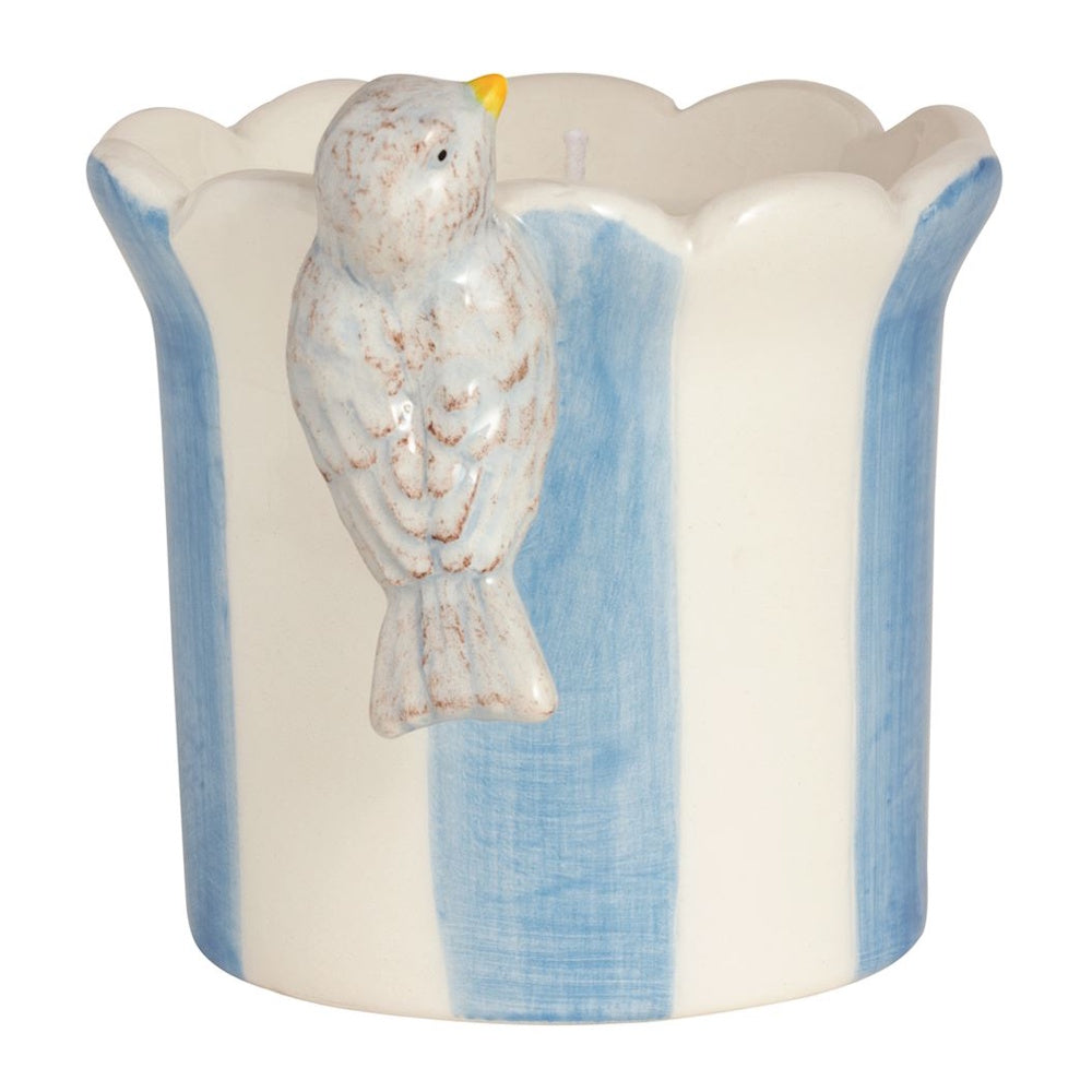 Ceramic bird candle holder with blue and white stripes and scalloped rim.