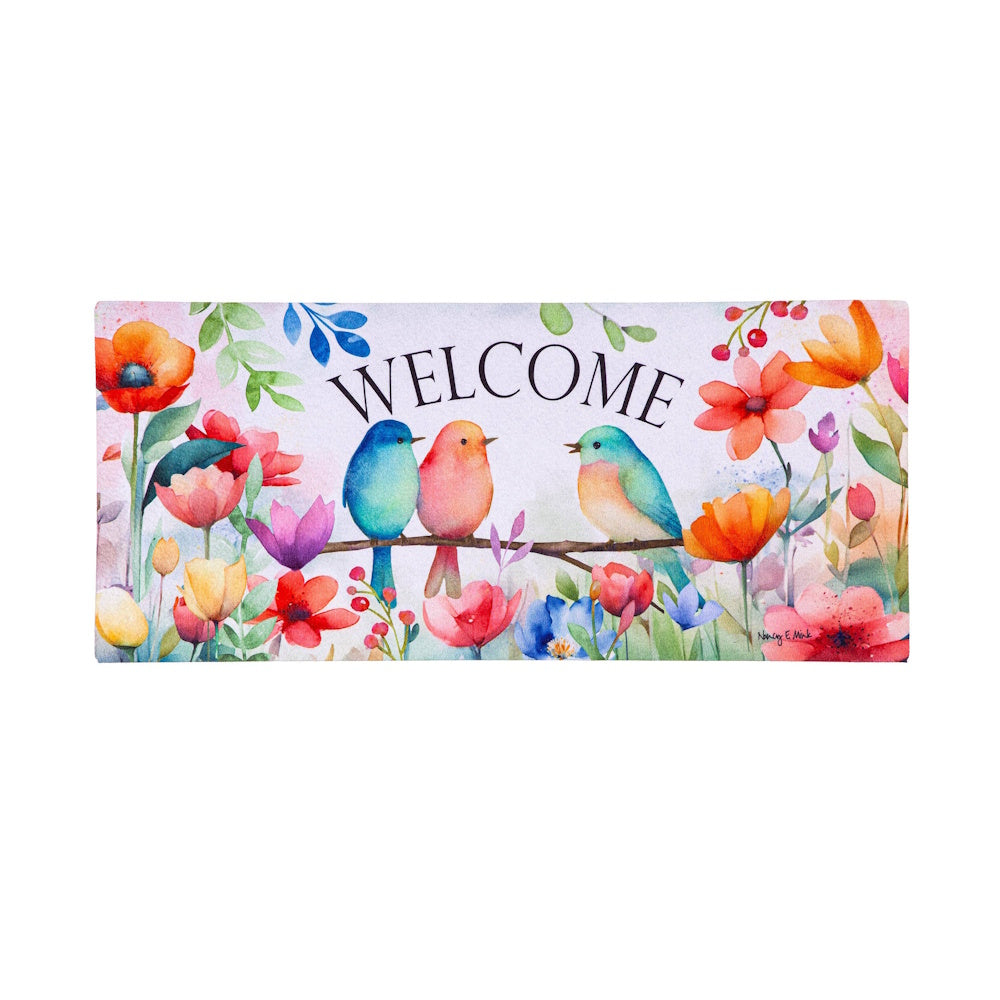 Watercolor birds on a branch with colorful flowers and "Welcome" text. Simple, floral decorative switch mat for home decor.