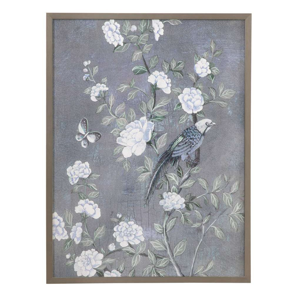 Framed botanical wall art featuring a blue songbird perched on a flowering branch with white blossoms and a butterfly.