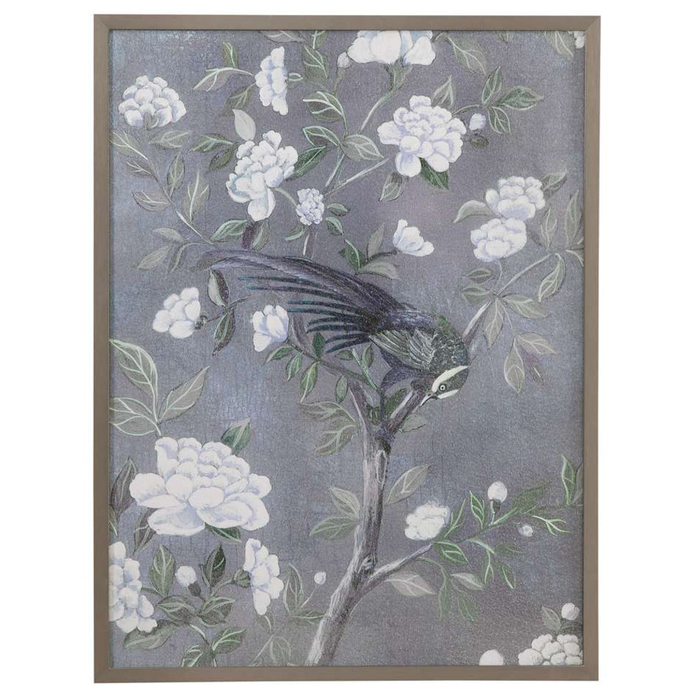 Framed chinoiserie wall art featuring a dark bird perched on a flowering branch with white blossoms on a gray background.