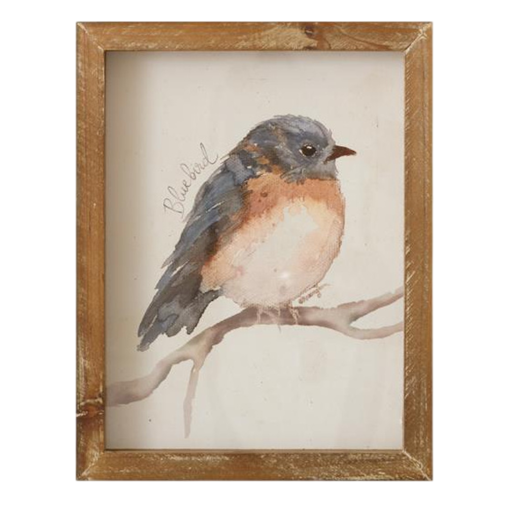 Watercolor bluebird painting in a rustic wood frame, labeled "bluebird" in script, perched on a branch.