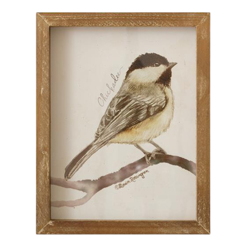 Framed watercolor chickadee bird print in a rustic wood frame, featuring vintage-style nature art for wall decor.