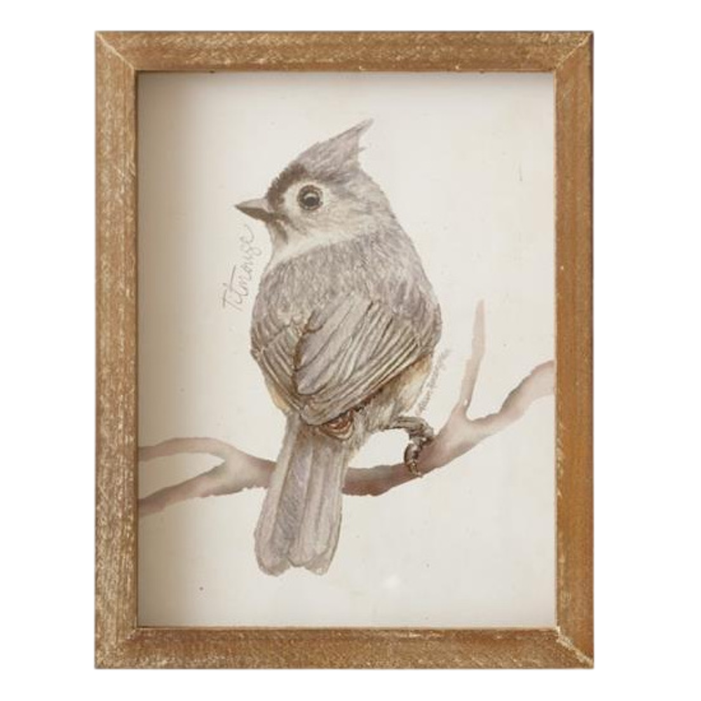A watercolor painting of a Titmouse bird perched on a branch, set within a rustic, distressed wooden frame.
