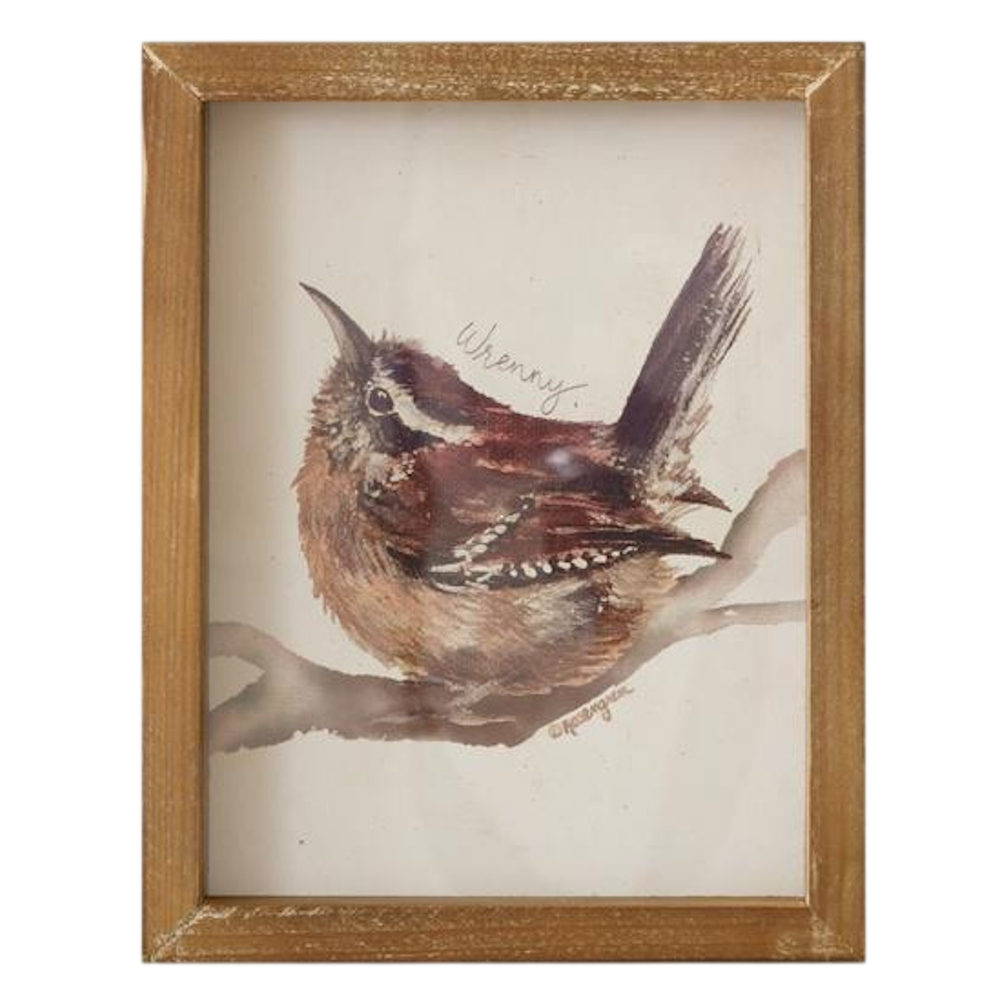 Framed watercolor painting of a brown wren bird perched on a branch, titled "Wrenny" in a rustic wooden frame.