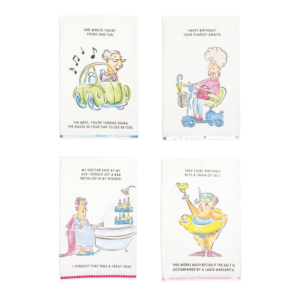 Set of four dish towels with funny birthday cartoons of senior women and sequin-trimmed hems.