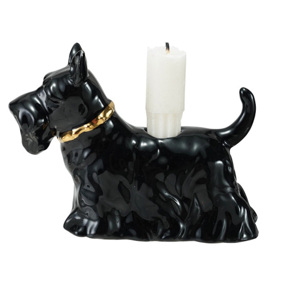 Black ceramic Scottie dog taper candle holder with a gold collar.