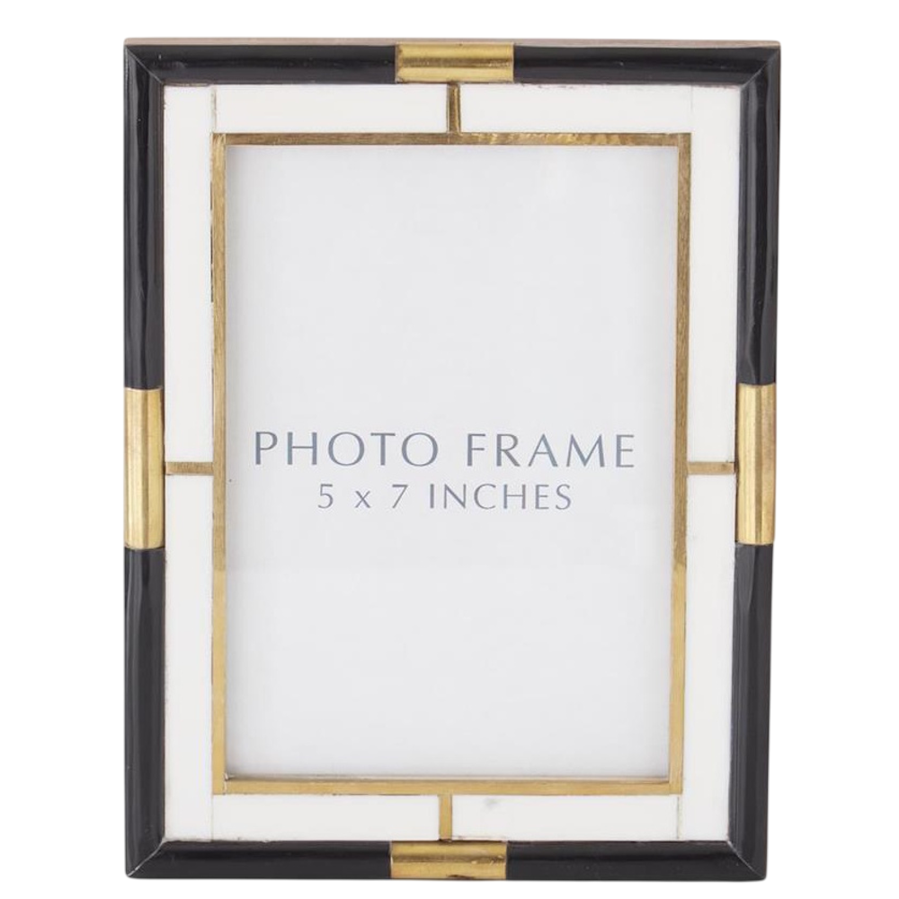 Elegant 5" by 7" black and white inlay photo frame with gold metal accents and geometric Art Deco design.