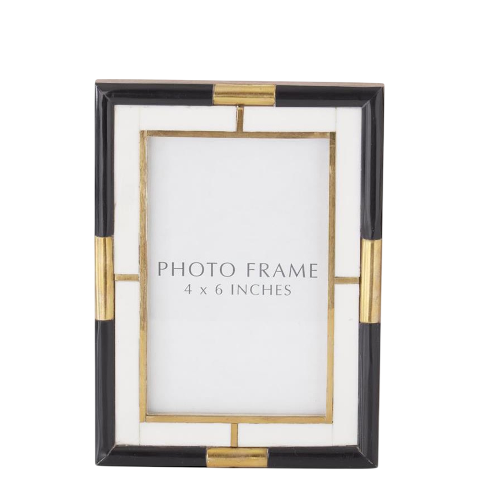 Elegant black, white, and gold 4" by 6" photo frame with a geometric inlay design and art deco aesthetic.